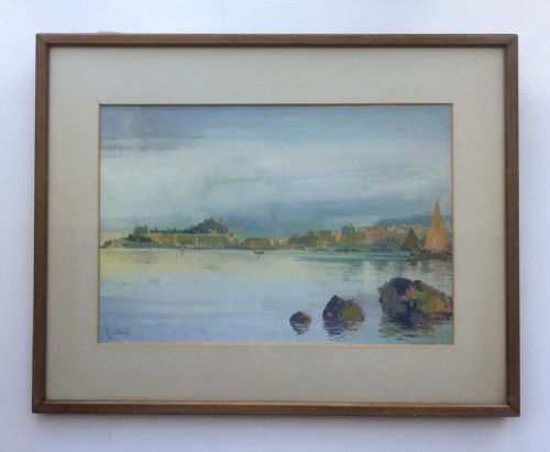 fig 1. ANGELOS GIALLINA 1857-1939 Original Vintage Continental Watercolour Seascape Painting Corfu town from Vidos