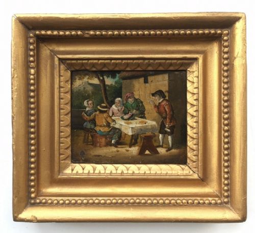 Dutch School Original Antique Frame & Oil Painting on Tin Outdoor Tavern Scene