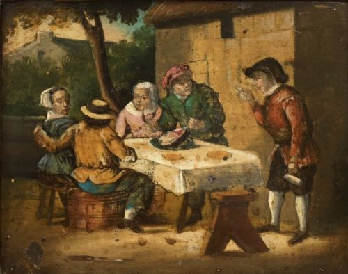 fig 1. Dutch School Original Antique Frame & Oil Painting on Tin Outdoor Tavern Scene