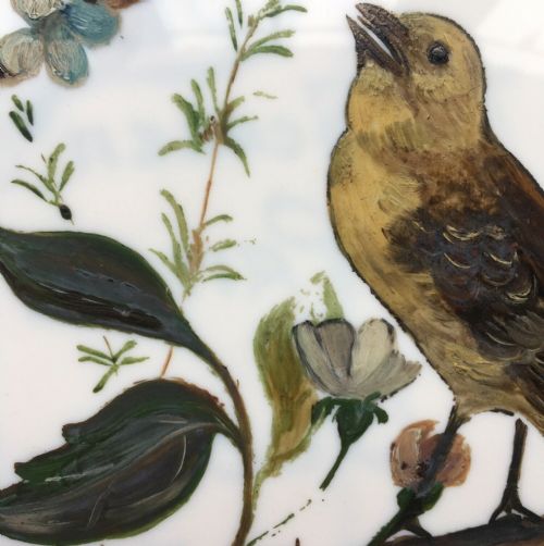 ANTIQUE OIL PAINTING ON MILK GLASS SIGNED H STEVENSON BIRDS FLOWER DESIGN - ADDITIONAL PHOTO 6