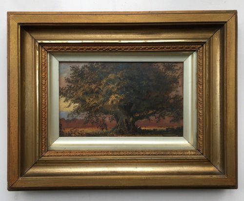 Original English Antique Gouache Watercolour Painting Sunset Landscape with Oak Tree