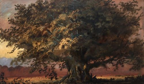 fig 1. Original English Antique Gouache Watercolour Painting Sunset Landscape with Oak Tree