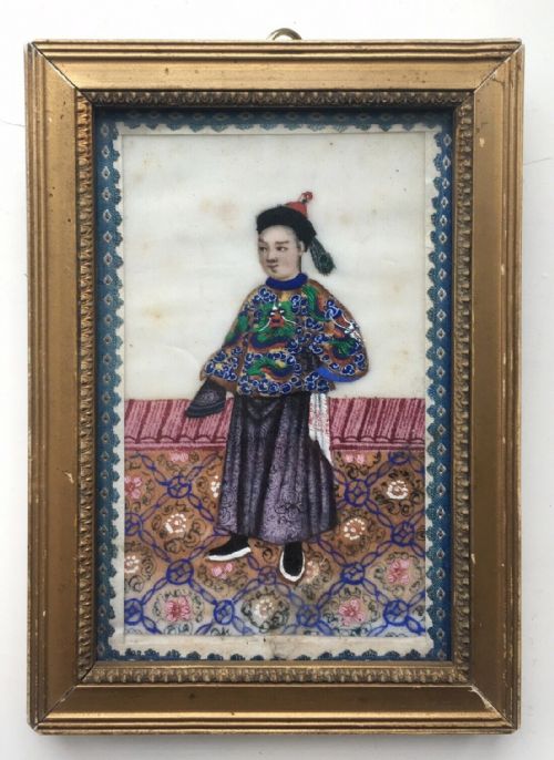 Original Antique Chinese Pith Paper Painting Intricate Male Figure & Interior