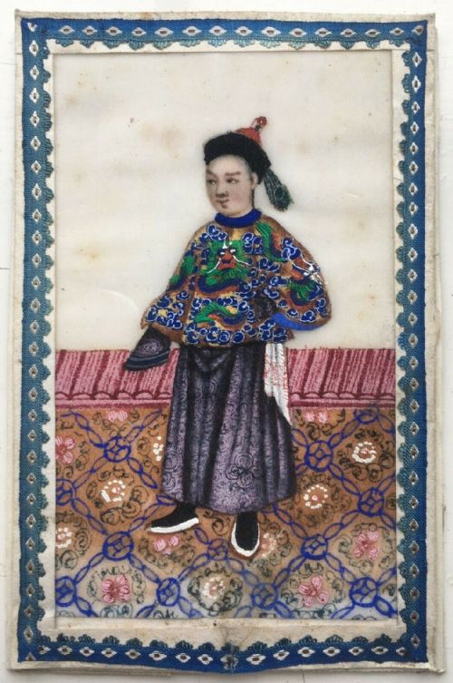 fig 1. Original Antique Chinese Pith Paper Painting Intricate Male Figure & Interior