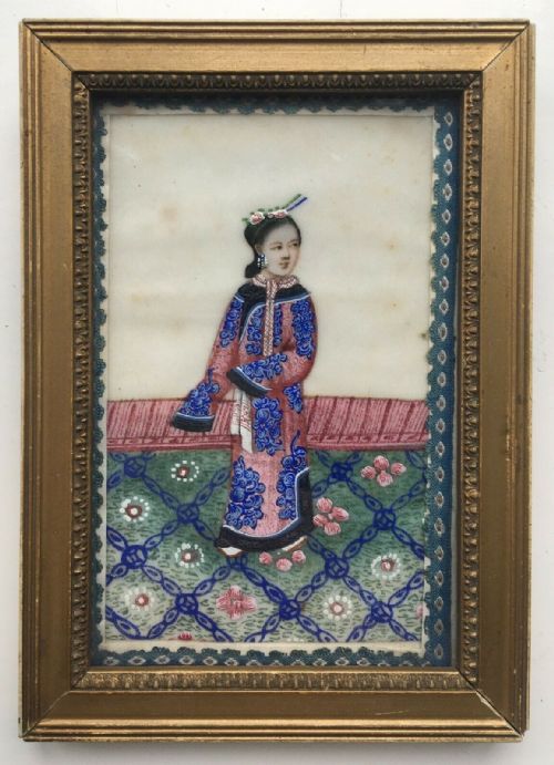 Antique Original Oriental Chinese Pith Paper Painting Female Figure & Interior