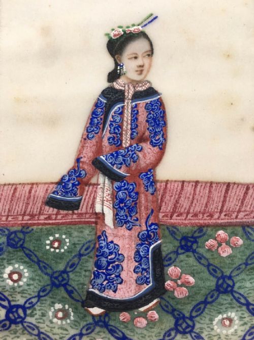 fig 1. Antique Original Oriental Chinese Pith Paper Painting Female Figure & Interior