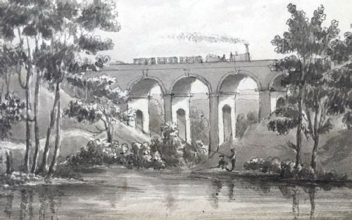 Sheffield Steam Train Wardsend Viaduct Original Antique Grisaille Watercolour Painting
