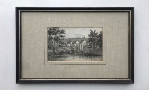 fig 1. Sheffield Steam Train Wardsend Viaduct Original Antique Grisaille Watercolour Painting 