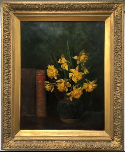 Attr.edith Jenkinson Ra Student Original Antique Oil Painting Books & Daffodils
