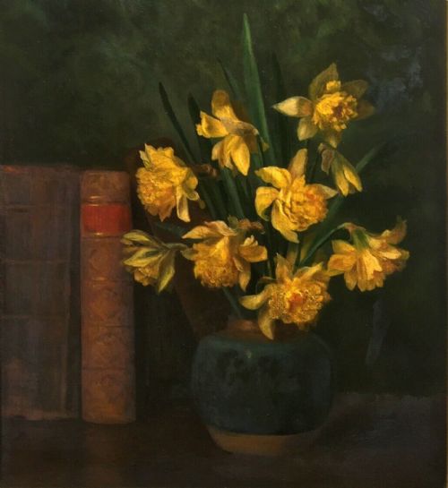 fig 1. Attr.Edith Jenkinson RA Student Original Antique Oil Painting Books & Daffodils