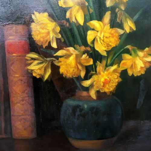 fig 2. Attr.Edith Jenkinson RA Student Original Antique Oil Painting Books & Daffodils