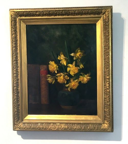 fig 3. Attr.Edith Jenkinson RA Student Original Antique Oil Painting Books & Daffodils