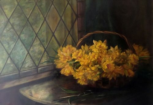 fig 1. Edith Jenkinson, RA Student, Original Antique Oil Painting Still Life Daffodils