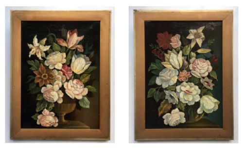 A Pair of Original 19th Century Antique Oil Paintings Still Life Floral Flower Studies on a Black Background