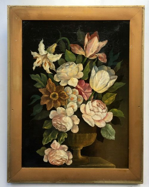 fig 1. A Pair of Original 19th Century Antique Oil Paintings Still Life Floral Flower Studies on a Black Background