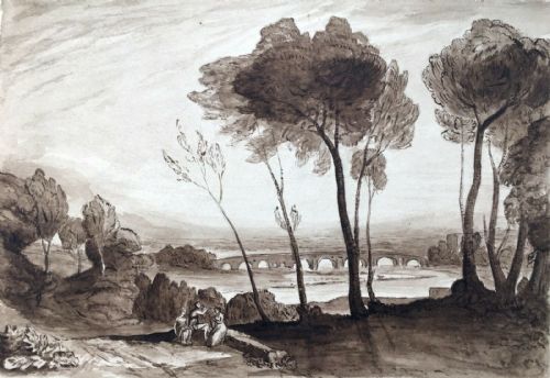 Attributed J M W Turner Original Watercolour Private Collection Provenance from the Anderson Turner Collection Bridge & Figure Landscape