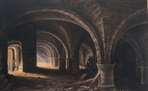 Original Antique 19th Century Watercolour Painting Vaulted Crypt Architecture Inscribed Verso