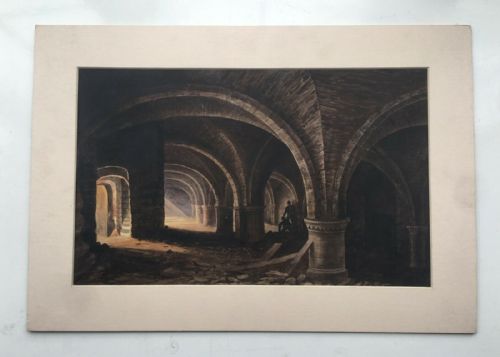 fig 1. Original Antique 19th Century Watercolour Painting Vaulted Crypt Architecture Inscribed Verso