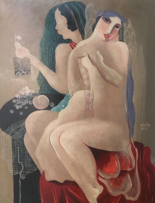 Attributed Bela Kadar Bears Signature 2 Nude Ladies Original Modernist Expressionism Oil Painting