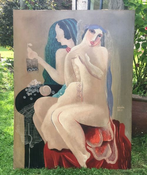 fig 1. Attributed BELA KADAR bears Signature 2 Nude Ladies Original Modernist Expressionism Oil Painting