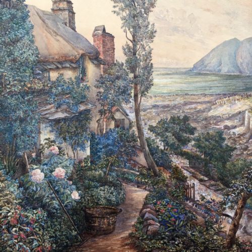 fig 1. Original Signed Antique Watercolour Painting Cottage Garden with Seascape