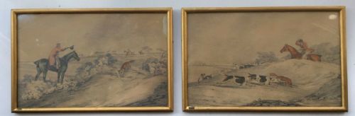 fig 1. Samuel Alken 2 x Chalk & Watercolour Hunting Scene Paintings with Harewood House Provenance