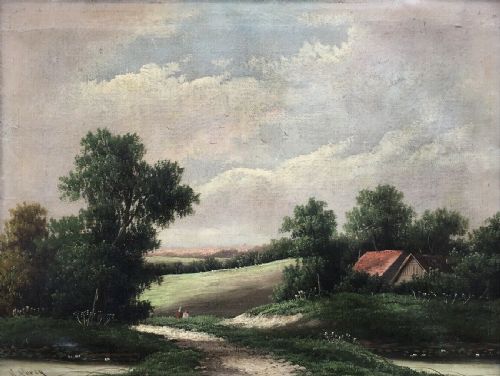 fig 1. Signed R PERCY Original 19th Century British School Antique Oil Painting Rural Landscape 