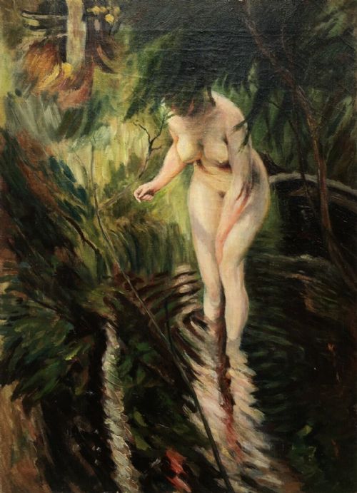 Manner of Anders Zorn Original Early 20th Century Antique Oil Painting on Canvas Nude Bather & Pond