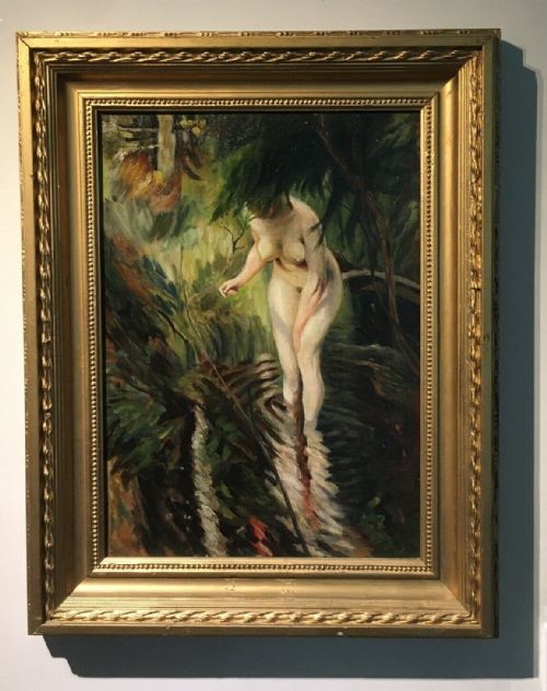 fig 1. Manner of Anders Zorn Original Early 20th Century Antique Oil Painting on Canvas Nude Bather & Pond