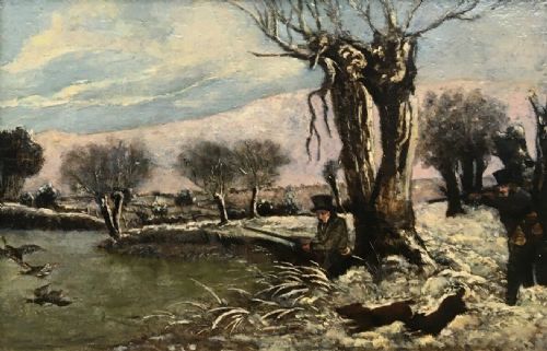 fig 1. Original English School Antique Oil Painting on Wood Panel Duck Shooting with Dogs Winter Snow Landscape