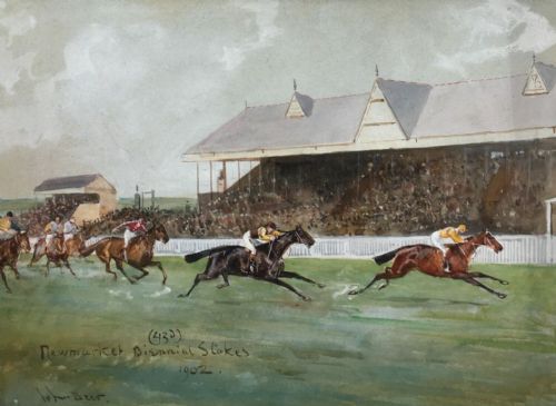 John Beer Signed 1902 Newmarket Biennial Stakes Original Antique Watercolour Painting