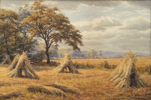 Mary Backhouse Bigland 1874 Signed Original Antique 19th Century  Watercolour Painting Haystacks Farm Landscape