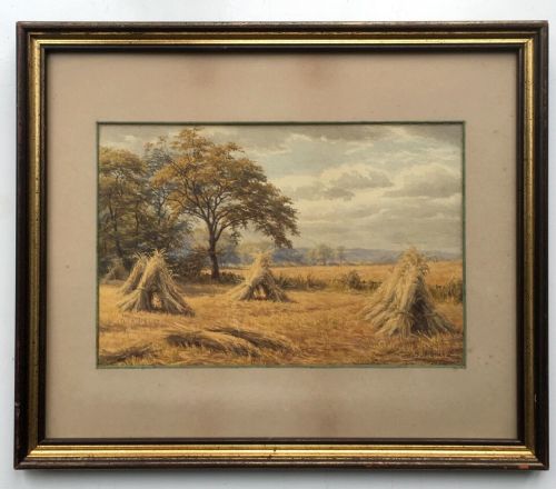 fig 1. Mary Backhouse Bigland 1874 Signed Original Antique 19th Century Watercolour Painting Haystacks Farm Landscape