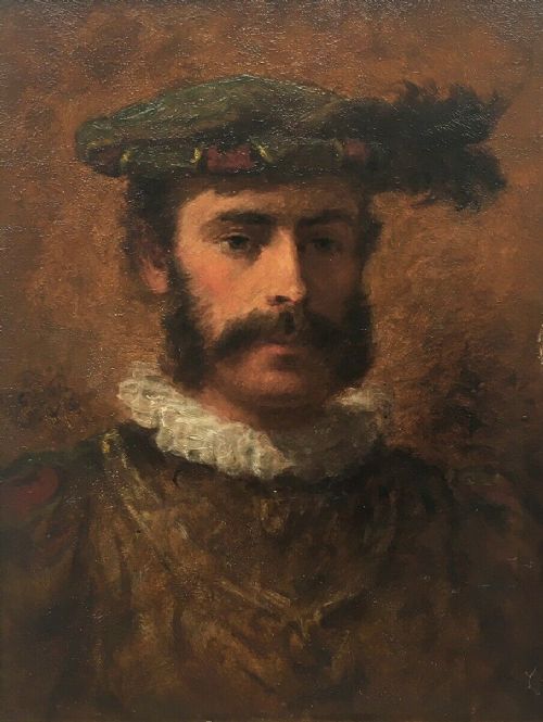 fig 1. Elias M Bancroft 1873 Original 19th Century Antique Oil Painting on Board, Portrait of a Tudor Gentleman