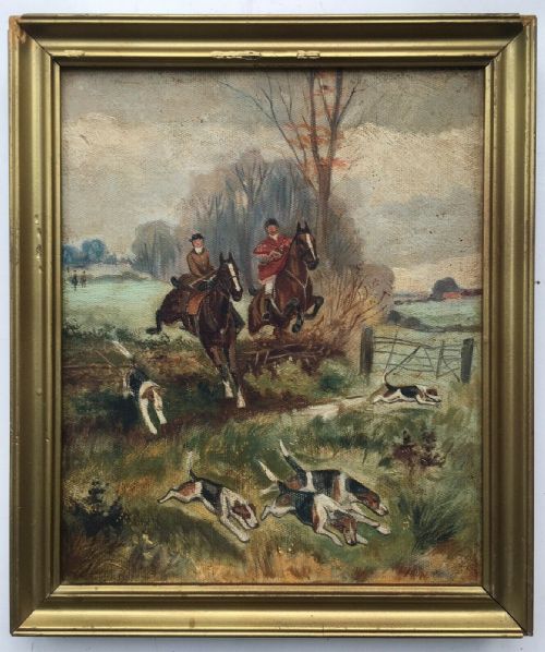 Original Antique Oil on Canvas Painting of Hounds & Horses, Fox Hunting Scene 1