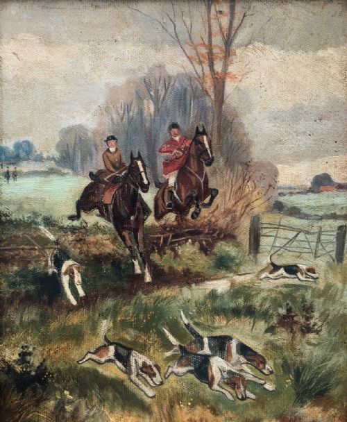 fig 1. Original Antique Oil on Canvas Painting of Hounds & Horses, Fox Hunting Scene 1