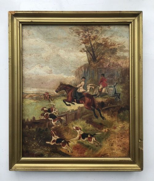 Original Antique Oil on Canvas Painting of Hounds & Horses, Fox Hunting Scene 2