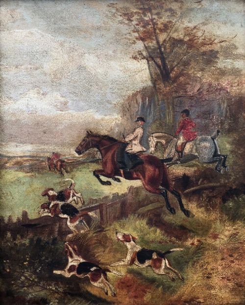 fig 1. Original Antique Oil on Canvas Painting of Hounds & Horses, Fox Hunting Scene 2