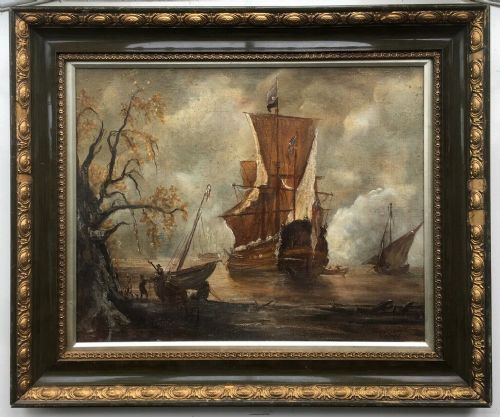 T Simpson 1879 Original Antique Oil Painting Attached to Board Sailing Ship in Cove Seascape