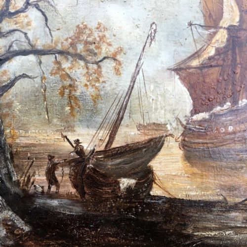fig 1. T Simpson 1879 Original Antique Oil Painting Attached to Board Sailing Ship in Cove Seascape