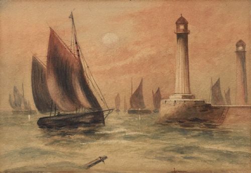 Manner of Henry Barlow Carter Original Antique Watercolour Painting Boats Whitby Harbour