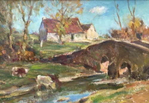 Owen Bowen Signed Original 20th Century English Oil Painting on Board Yorkshire Landscape Cattle Before a Stone Bridge