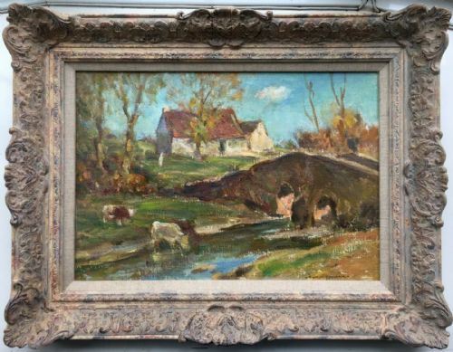 fig 1. OWEN BOWEN Signed Original 20th Century English Oil Painting on Board Yorkshire Landscape Cattle before a Stone Bridge
