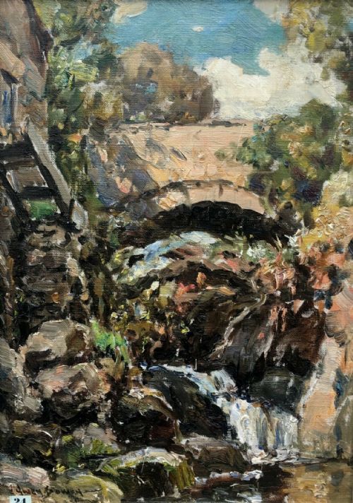 fig 1. OWEN BOWEN Original Signed Oil Painting Yorkshire Landscape Mill & Stone Bridge