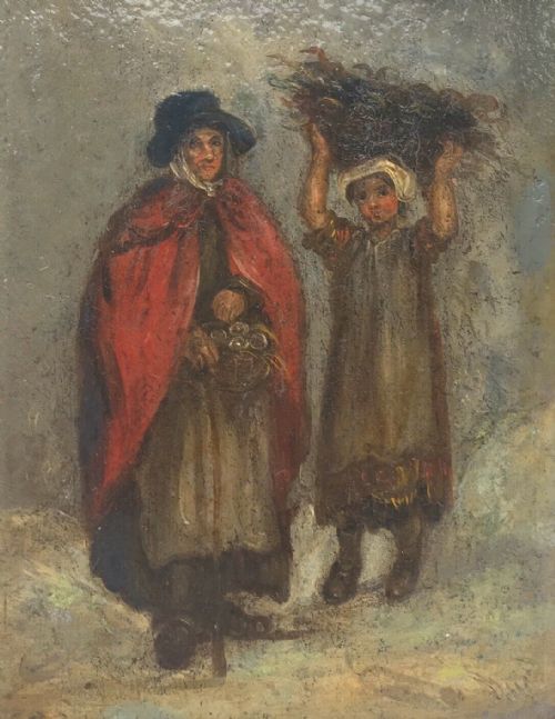 Attributed to J Barker (Manner of John Joseph) Market Lady & Young Girl with Basket Original 19th Century Antique Oil Painting