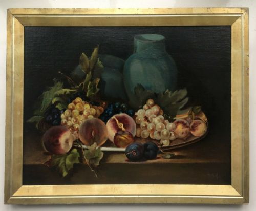 Signed R.a.h Original English School Antique Oil Painting on Canvas Still Life Fruit with Blue Vase