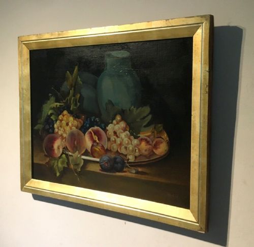 fig 1. Signed R.A.H Original ENGLISH SCHOOL Antique Oil Painting on Canvas Still Life Fruit with Blue Vase