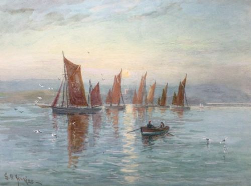 George H Jenkins Signed Original Antique English Watercolour Painting Trawlers Off Mt Batten Plymouth