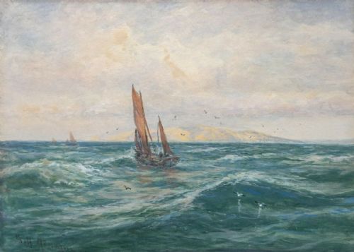 George Henry Jenkins Signed Original Antique English Watercolour Painting Boats Off South Coast Nr Plymouth