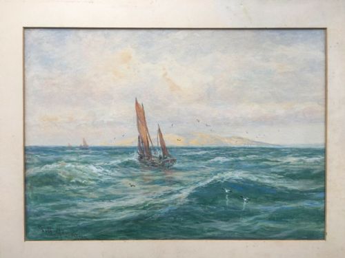 fig 1. George Henry Jenkins Signed Original Antique English Watercolour Painting Boats off South Coast Nr Plymouth